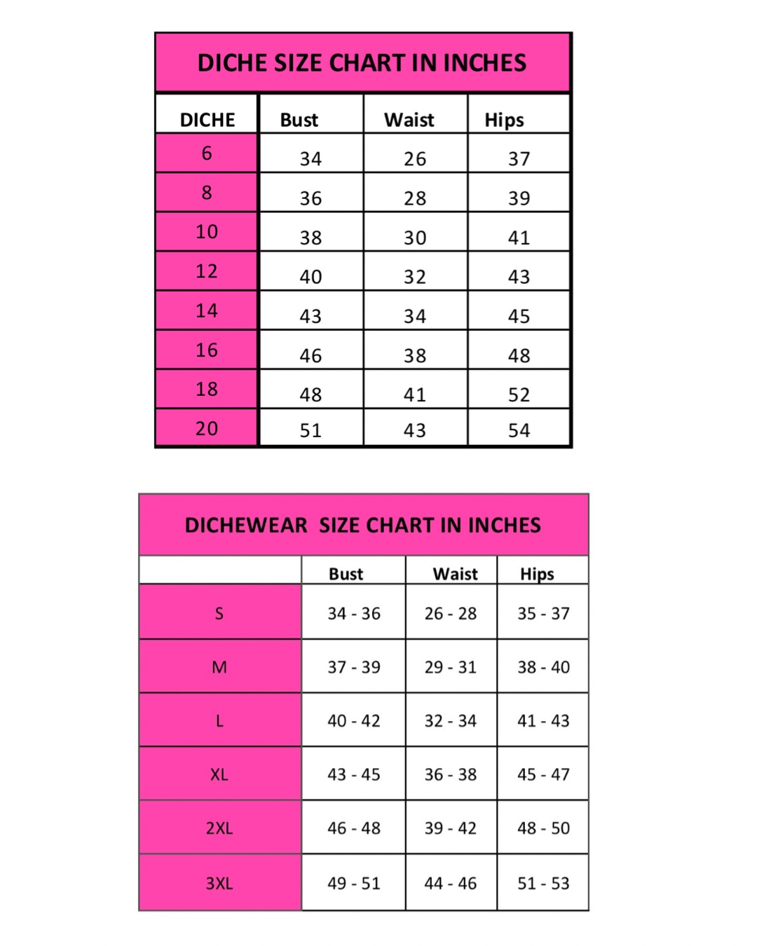 Dichewear Size Chart – Diche wear